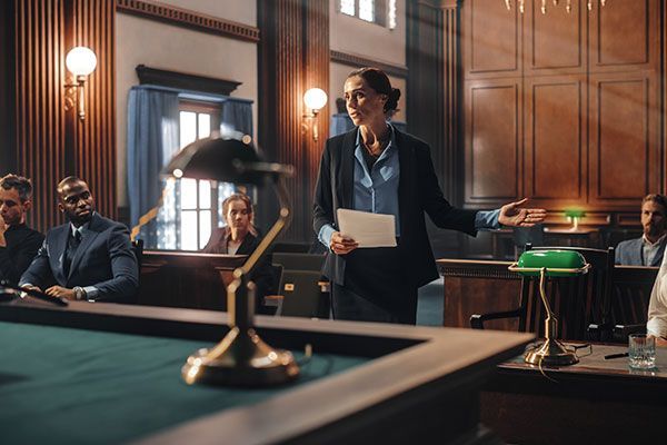 A woman is giving a speech in a courtroom while holding a piece of paper.