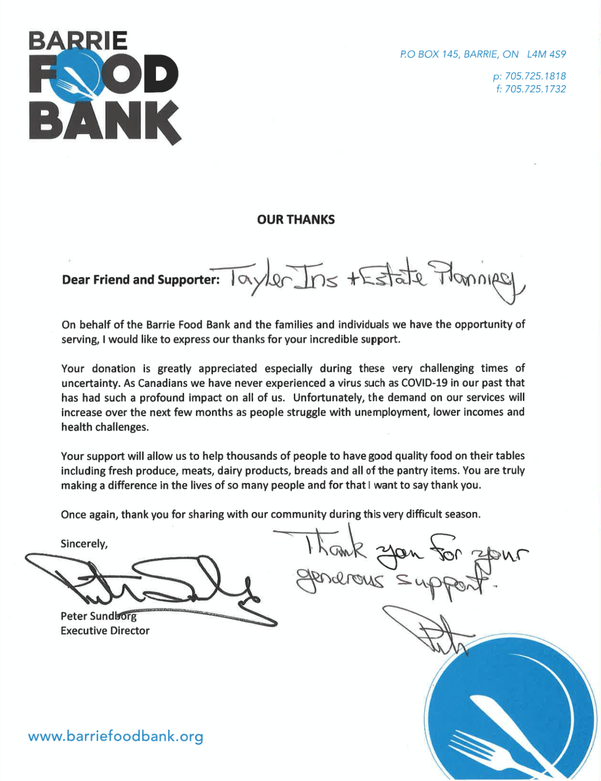 It is a letter from the barrie food bank.