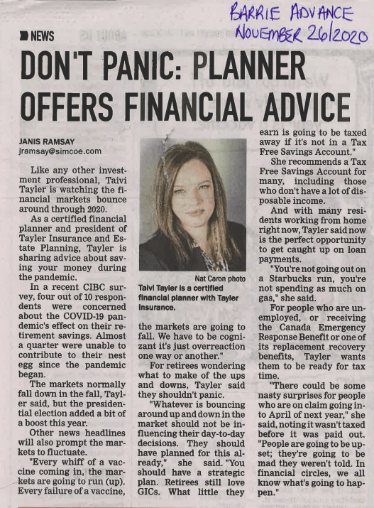 A newspaper article titled don't panic planner offers financial advice by Taivi Tayler