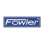 Un logotipo azul y blanco para Fowler sobre un fondo blanco.