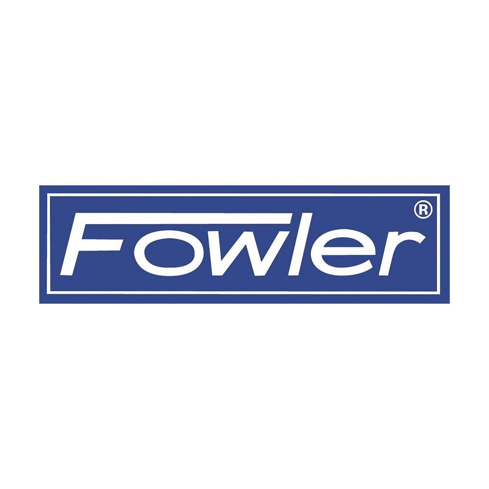 Un logotipo azul y blanco para Fowler sobre un fondo blanco.