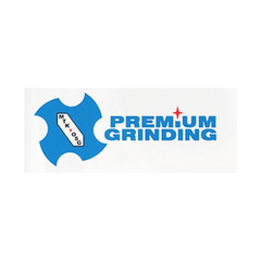 Un logotipo azul y blanco para una empresa llamada Premium Grinding.