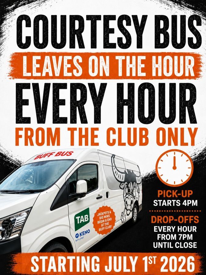 Courtesy bus poster: leaves on the hour, every hour from the club; pickup starts 4pm, drop-offs hourly until close.