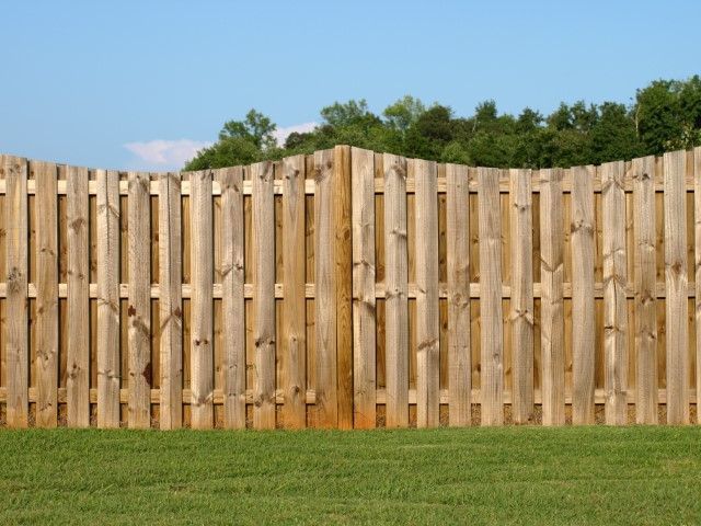 Wooden privacy fence behind a green lawn under a blue sky