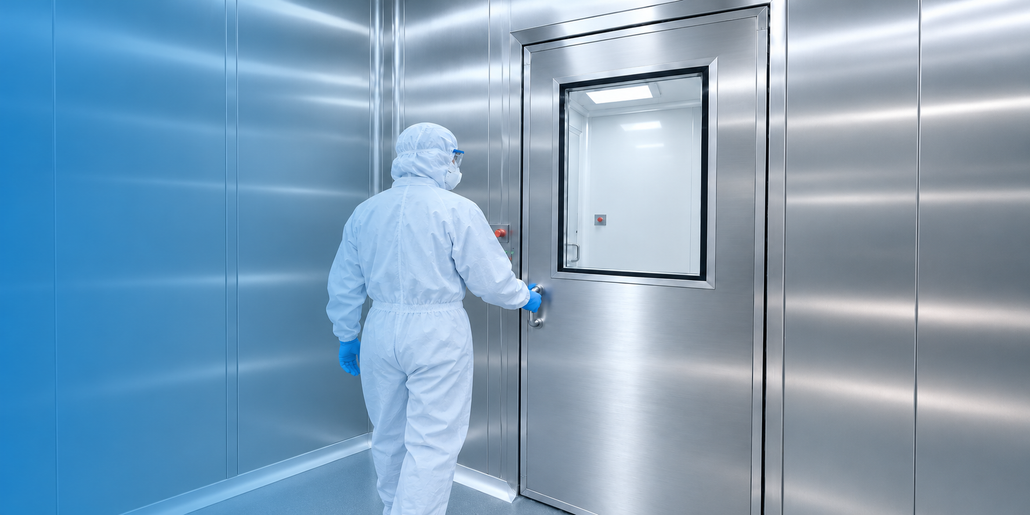 Profissional com vestimenta de proteção acessando uma sala limpa por uma porta de aço inox