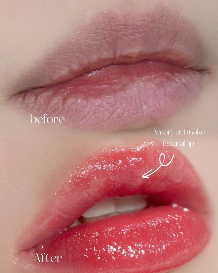 Comparison of lip appearance: before with pale pink lips, after with glossy, bright red lips.