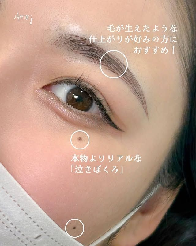 Close-up of a person's face with cosmetic enhancements: eyebrow styling, eyeliner, and fake beauty marks.