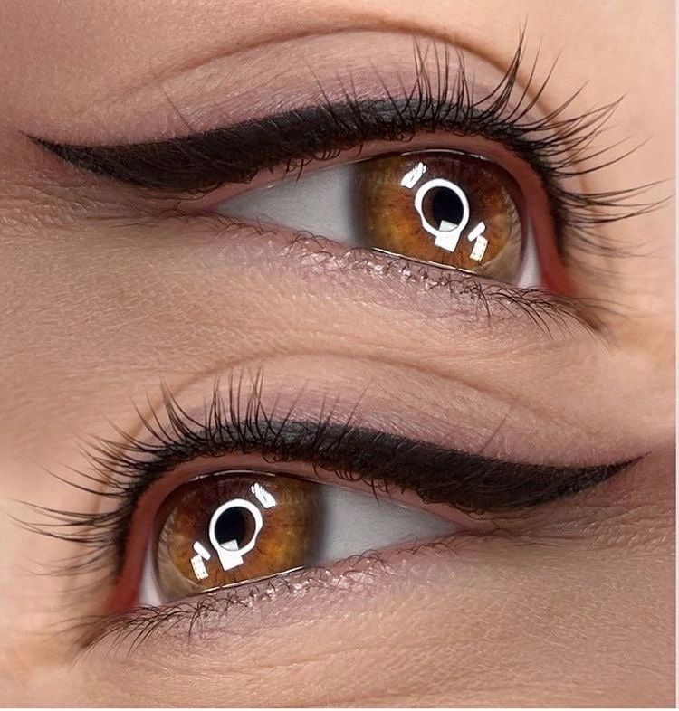 Close-up of two brown eyes with winged eyeliner and long eyelashes.