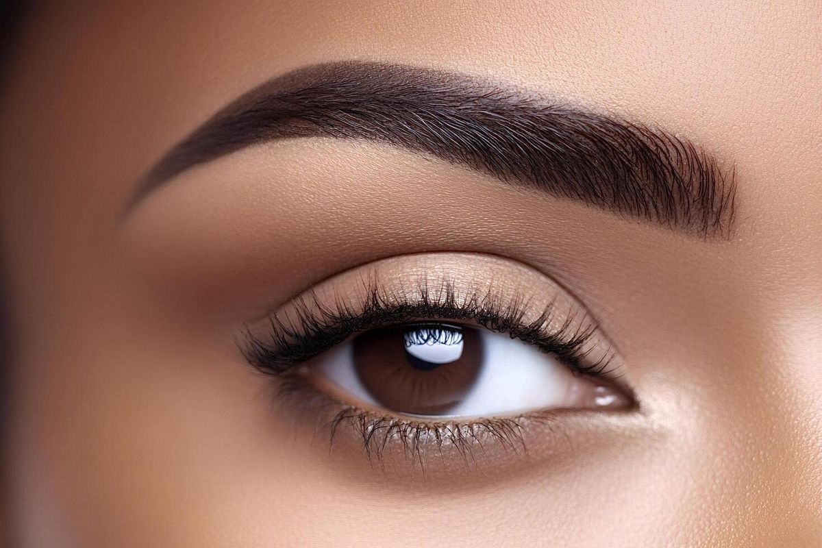 Close-up of a brown eye with long lashes and a dark, arched eyebrow.