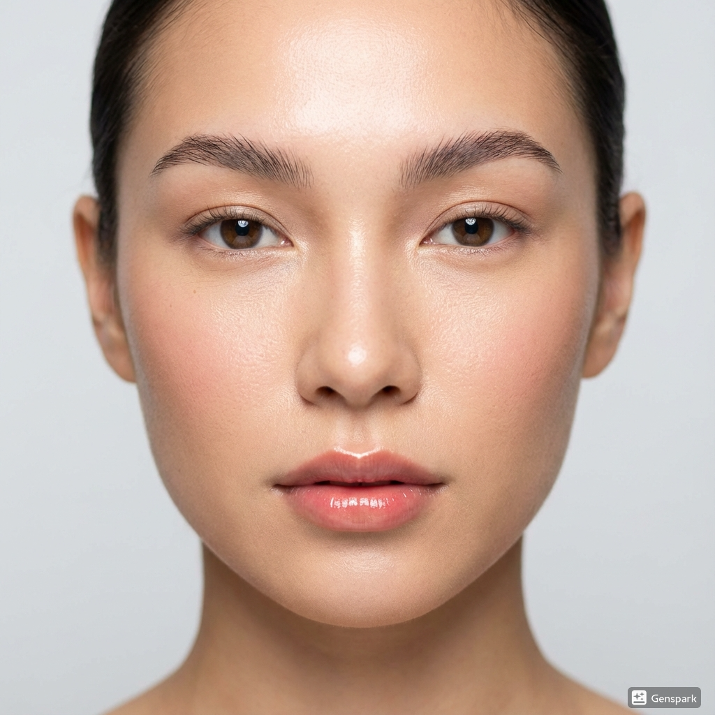 A person with brown eyes and skin gazes forward; light makeup and light background.