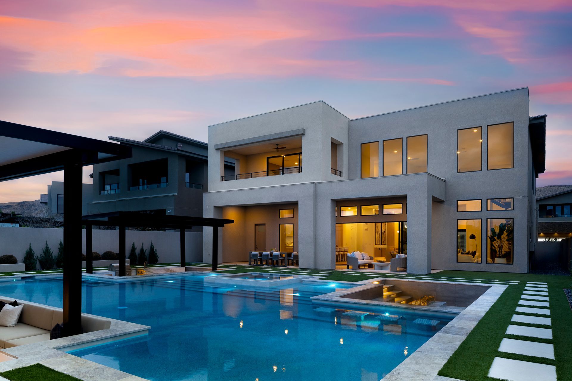 Infinity pool and outdoor social area in a high-end luxury residence in Las Vegas, Nevada.