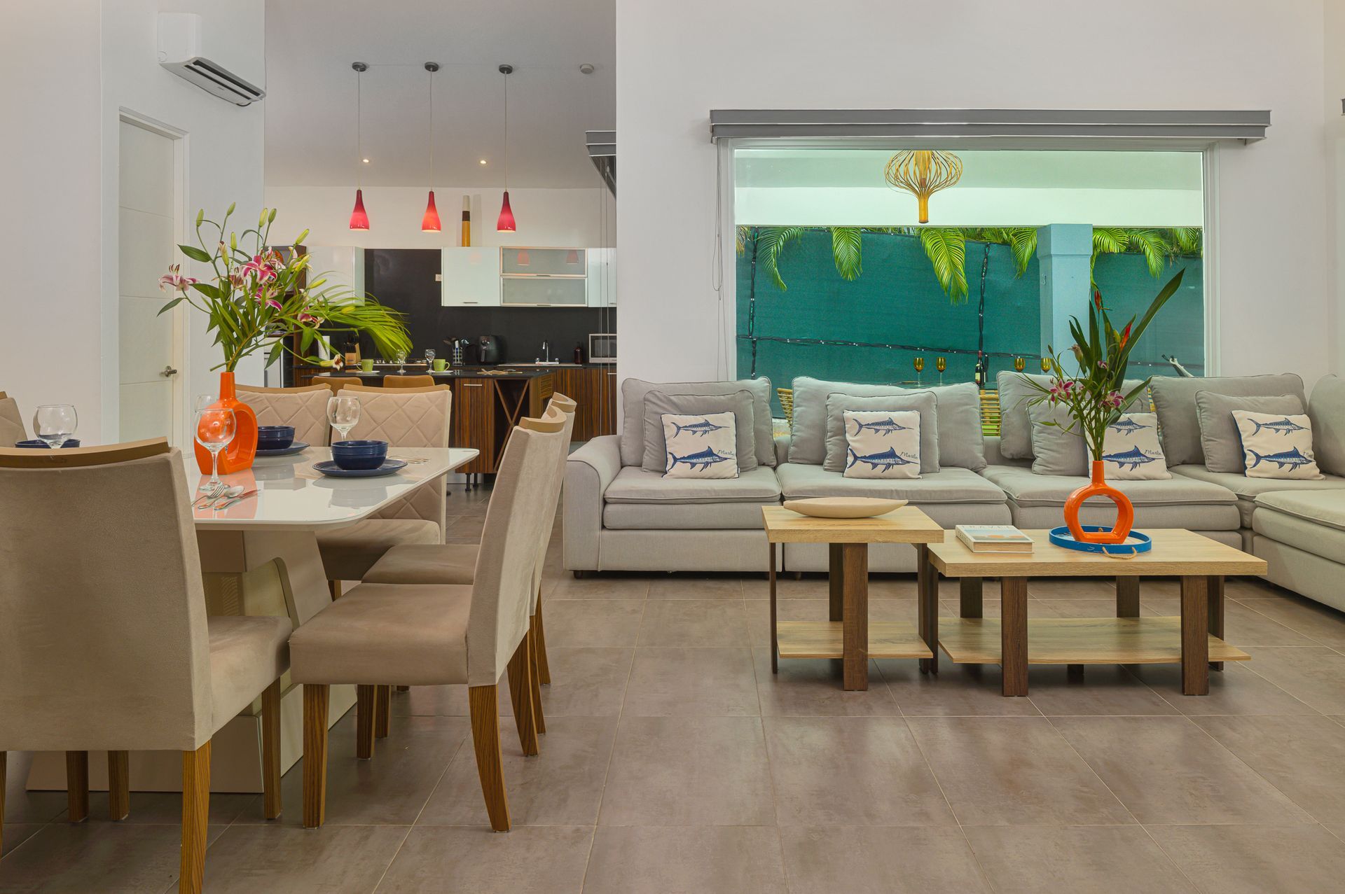 Luxury tropical villa architecture and manicured landscape at Punta Barco Village, Panama.