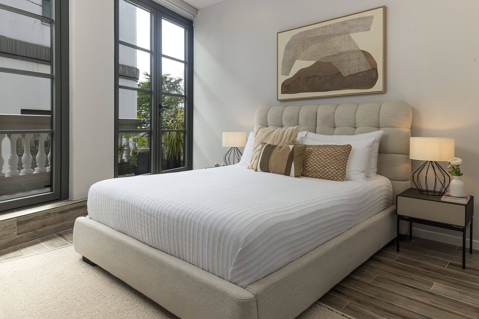 Luxury Airbnb bedroom interior with boutique styling in Casco Viejo, Panama City.
