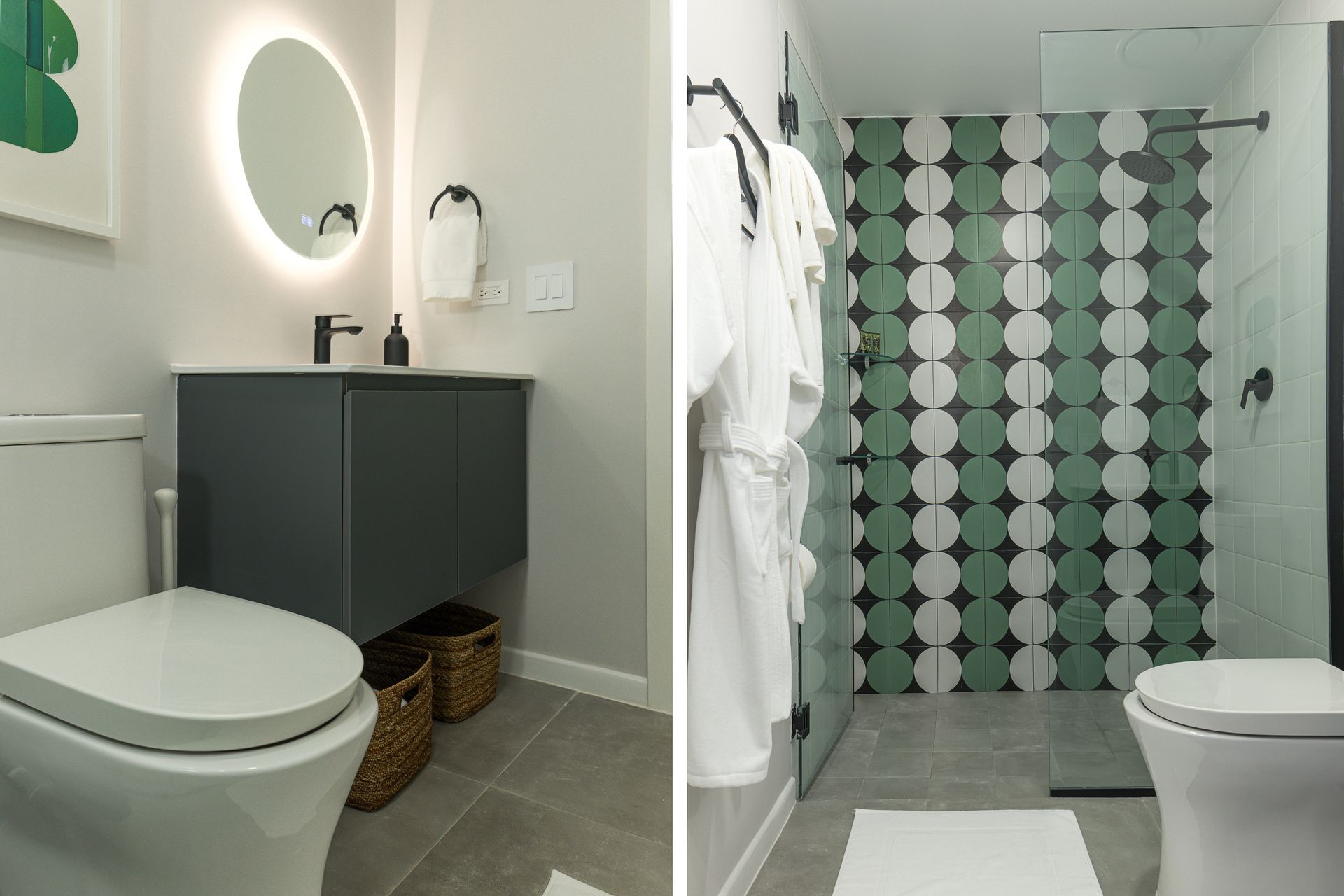 Sleek modern bathroom in a Casco Viejo luxury Airbnb apartment.