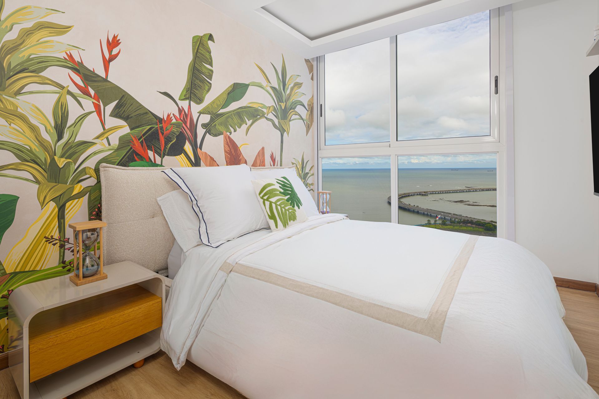 Compact luxury studio apartment interior with modern amenities in The Sands, Panama City.