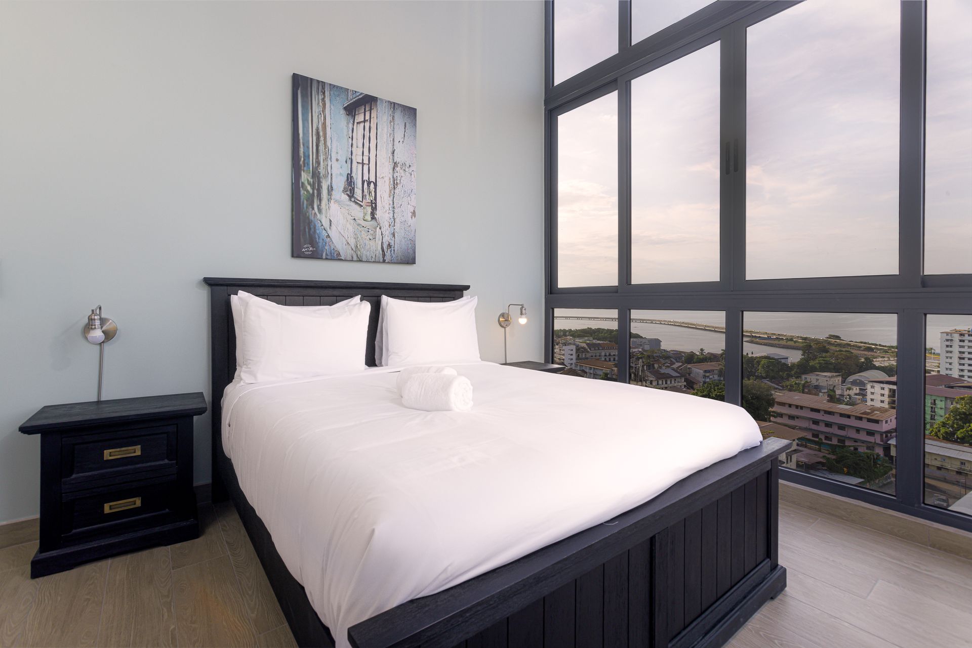Night city view from an apartment at Casco View — interior photography after dark