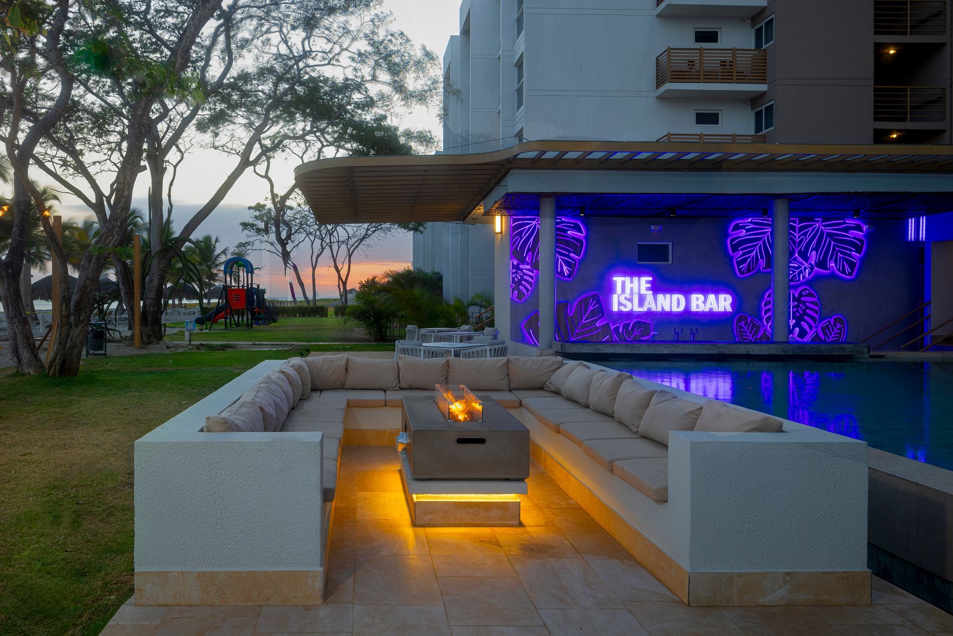 Aerial-style view of the Island Bar and extensive swimming pool at Radisson Riviera Pacifica, Panama.