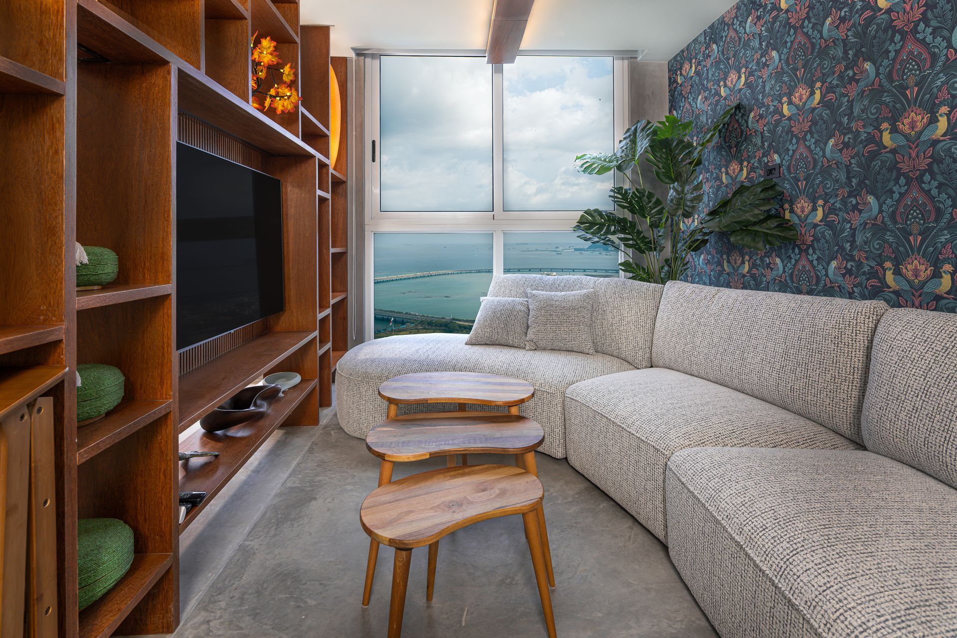 Living room with ocean view at The Sands building in Panama City, professional photography for Airbnb.