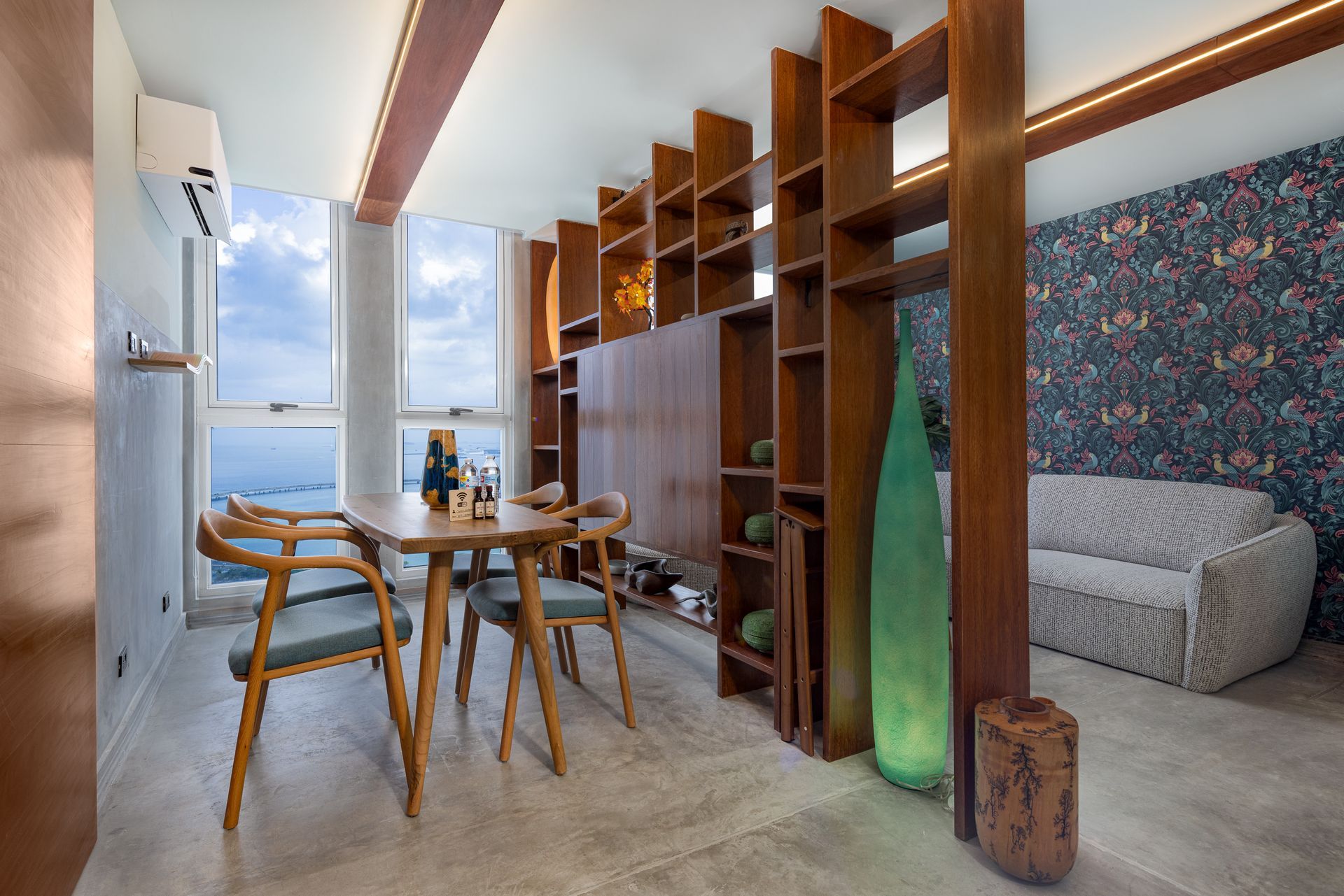Modern interior design and custom woodwork in an apartment at The Sands building, Panama City.