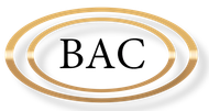 Gold oval BAC logo with black letters on a white background