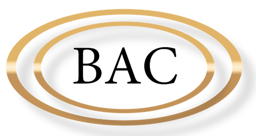 Gold oval BAC logo with black letters on a white background
