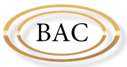 Gold oval BAC logo with black letters on a white background