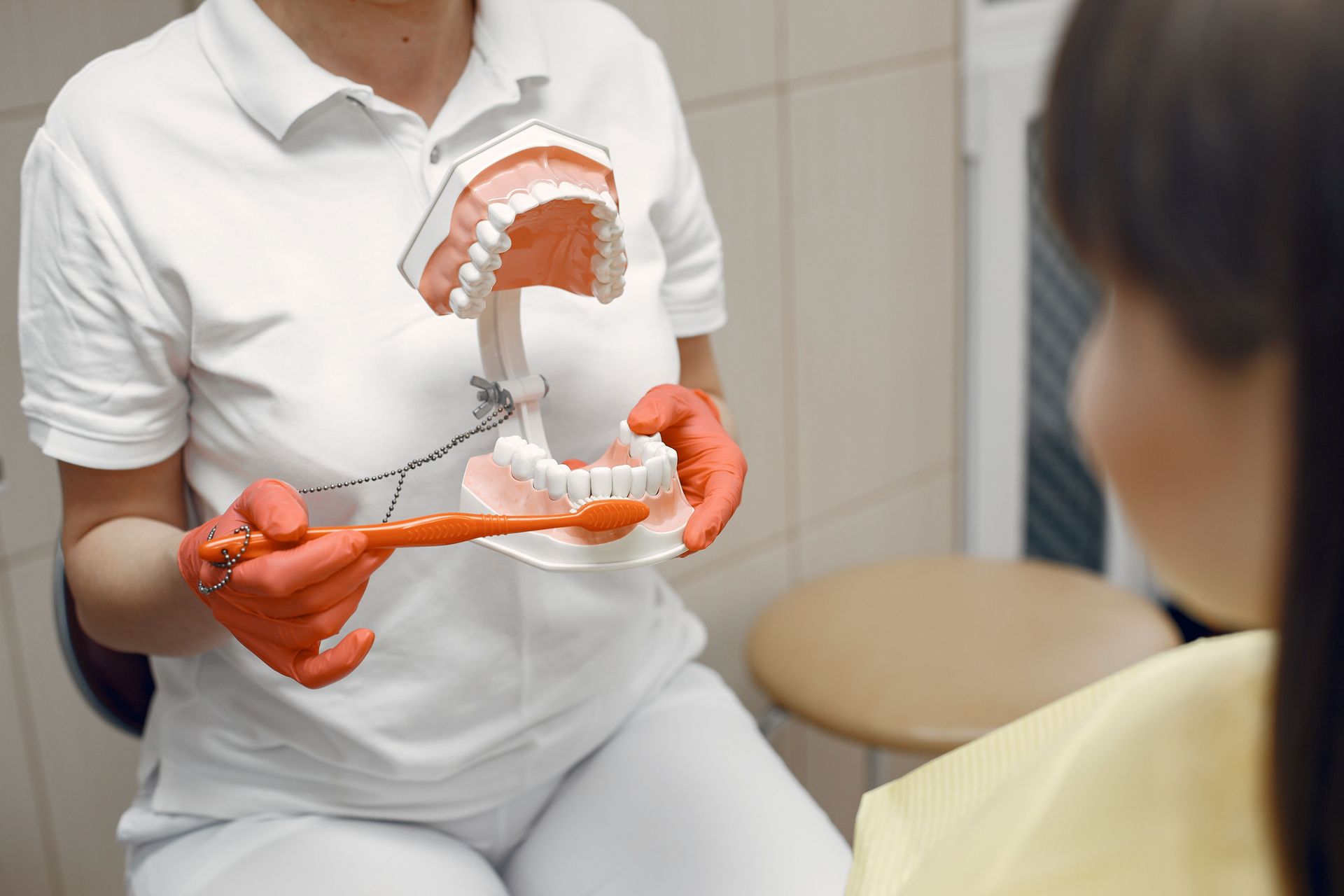 Doctor showing a dental model to a seated patient in a clinic consultation
