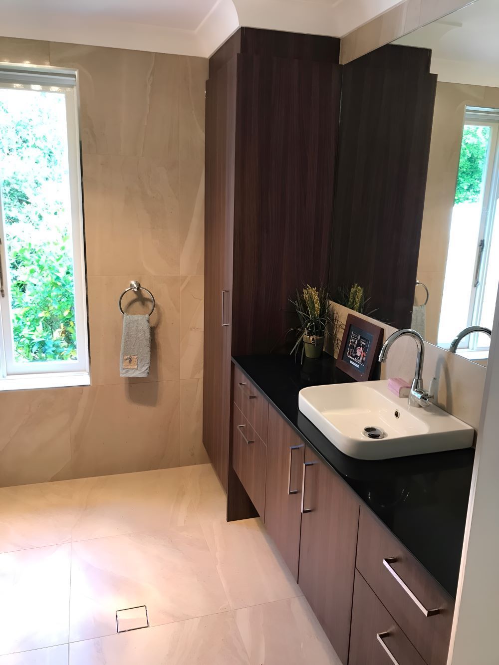 Modern Bathroom Design With Wooden Cabinet — Coffs Coast Designer Bathrooms in Toormina, NSW