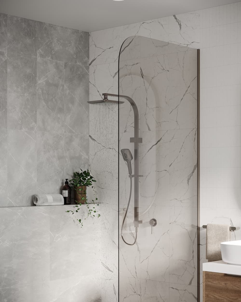 A Bathroom With A Walk In Shower And A Sink — Coffs Coast Designer Bathrooms in Toormina, NSW