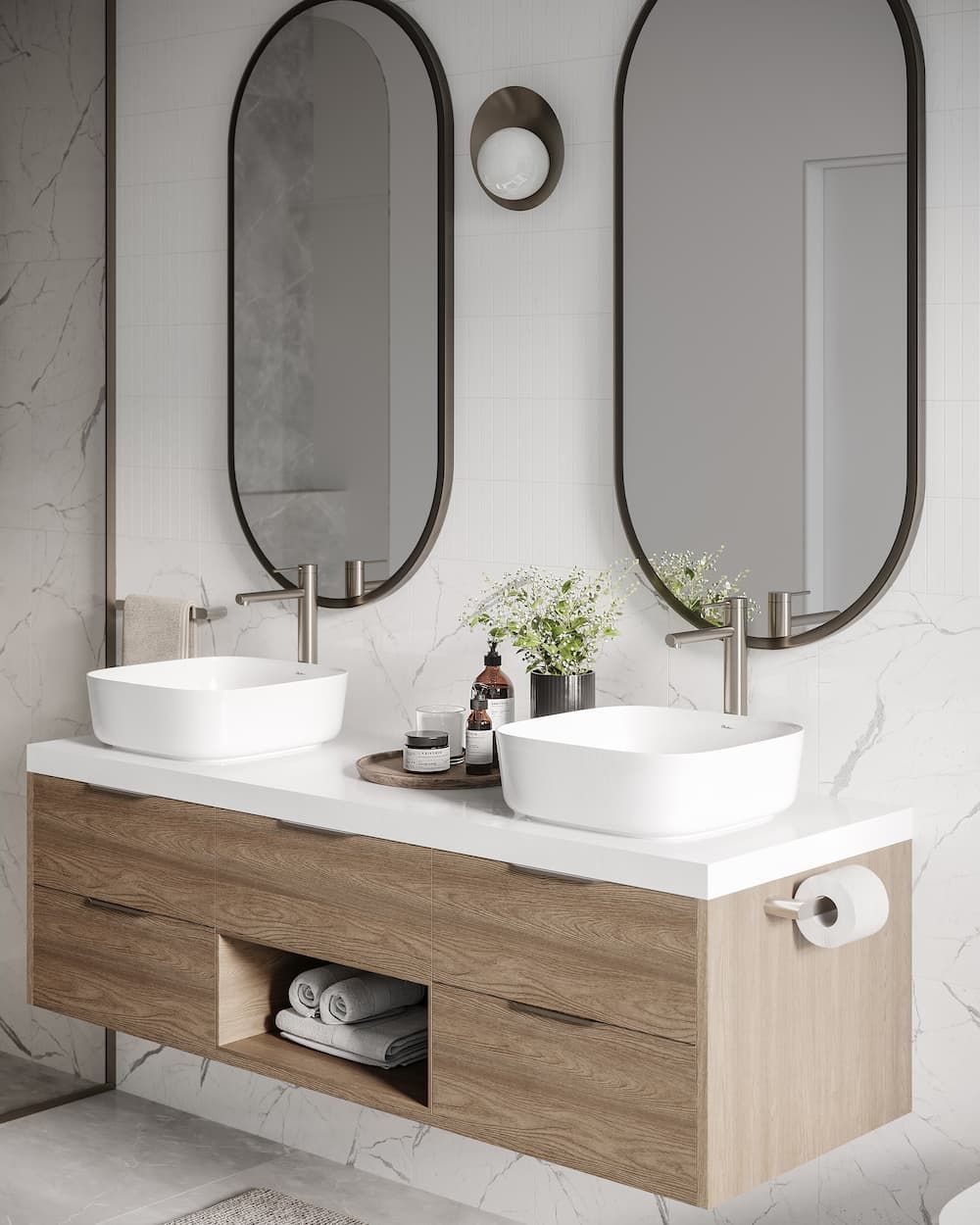 Bathroom With Hanging Vanity Cabinet — Coffs Coast Designer Bathrooms in Toormina, NSW