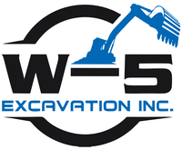 W-5 Excavation Inc. logo with blue excavator and black circular swoosh
