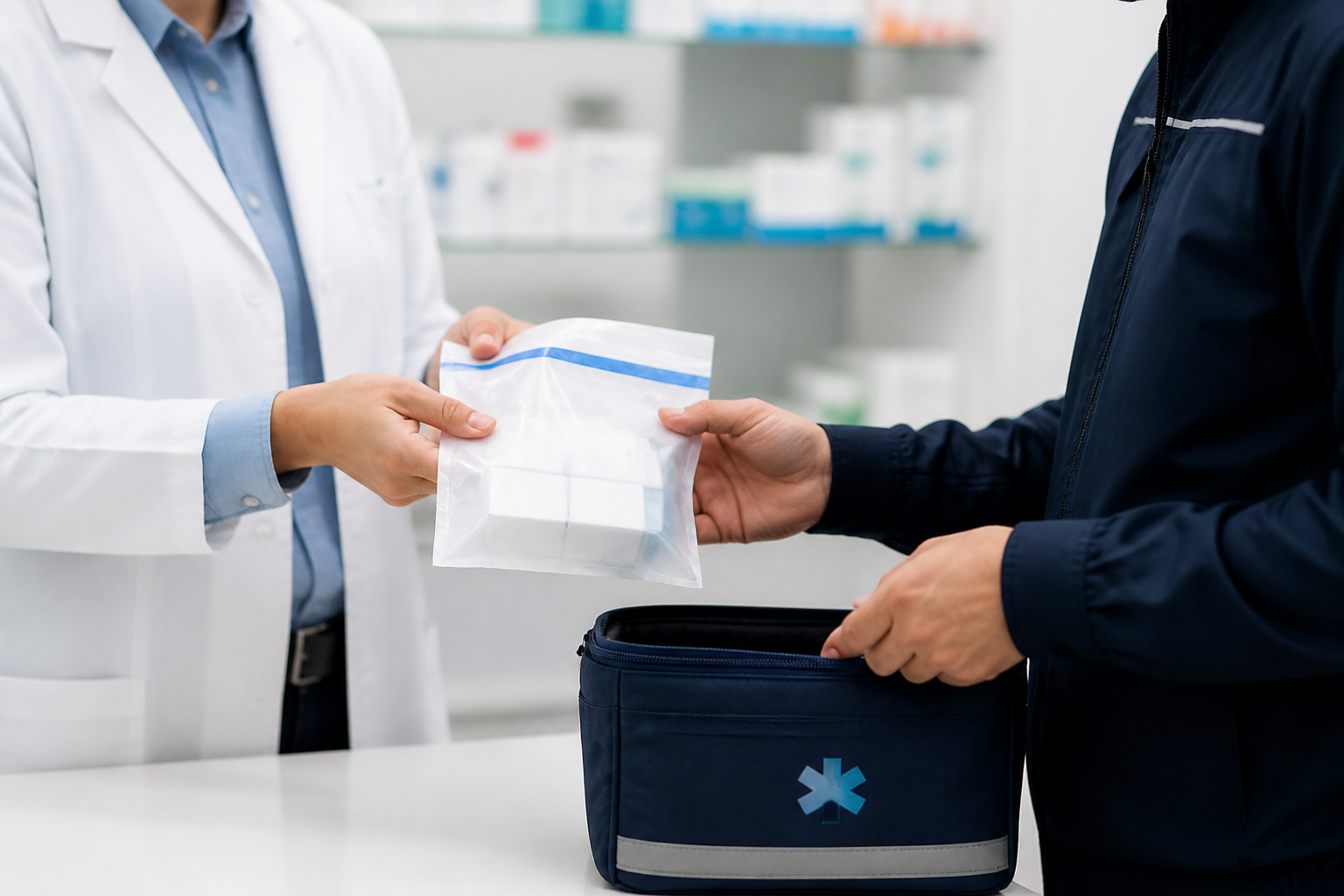 Pharmacist handing a sealed prescription package to a medical courier