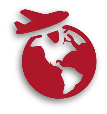 A red globe with an airplane flying over it