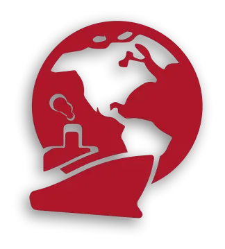 A red and white globe with a cloud in the middle