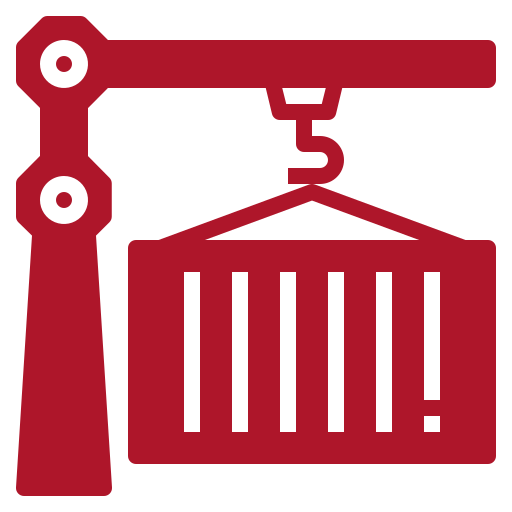 A red icon of a crane lifting a container.