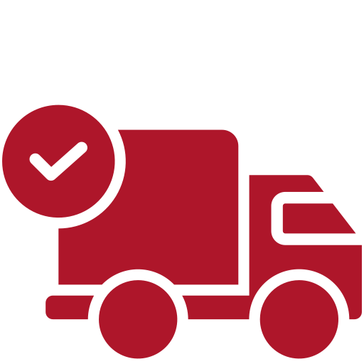 A red delivery truck with a check mark on it.