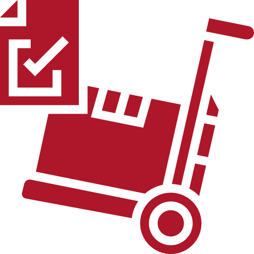A red icon of a cart with boxes and a check mark.