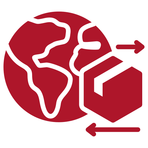 A red icon of a globe with two arrows pointing in opposite directions.