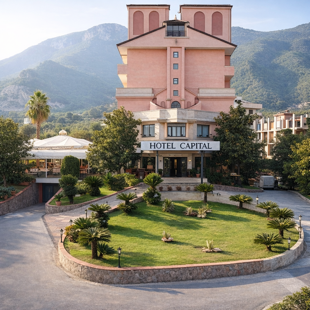 Hotel Capital, edificio rosa, montagne sullo sfondo. Ingresso rotatorio, prato verde, alberi.