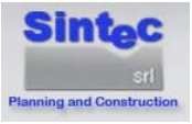 Logo Sintec: testo blu su rettangolo grigio, 