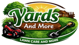 Man in green overalls mowing lawn, giving thumbs up. "Yards & More" text below.