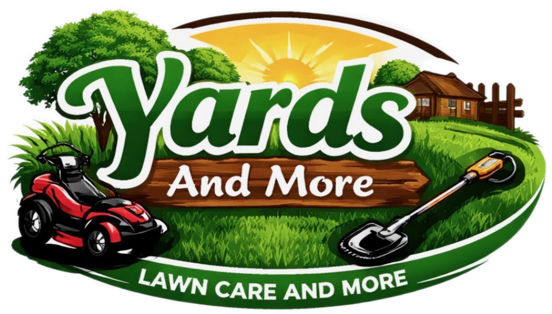 Man in green overalls mowing lawn, giving thumbs up. "Yards & More" text below.