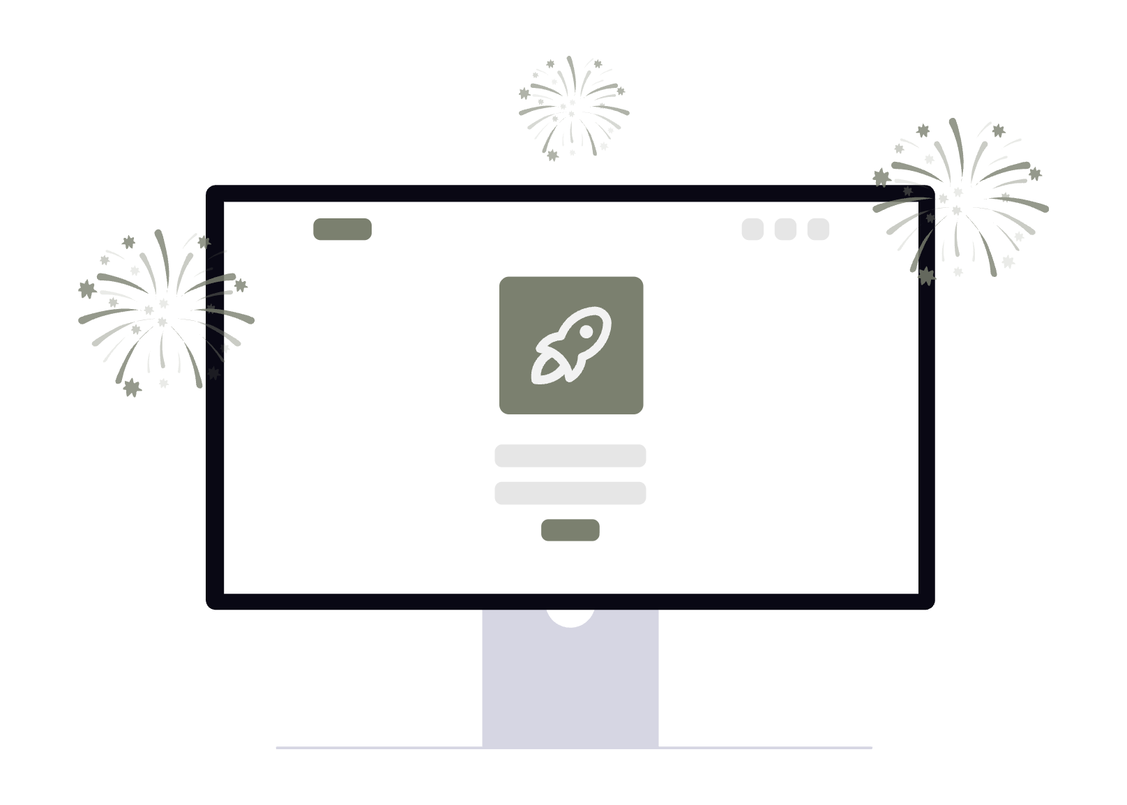 Minimal website mockup on a monitor with a rocket icon and small fireworks around it