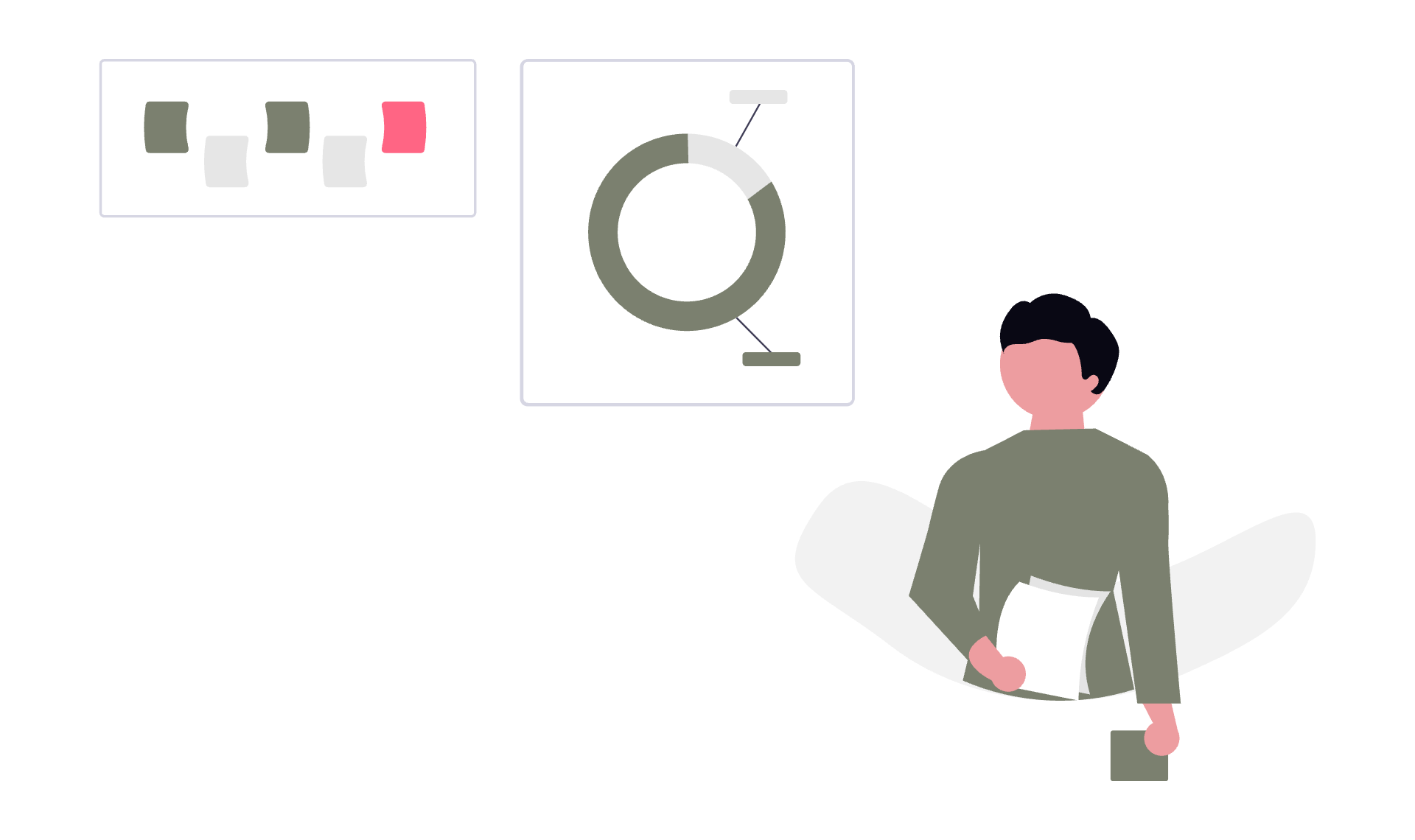 Person holding a clipboard beside charts and a circular diagram on a white background