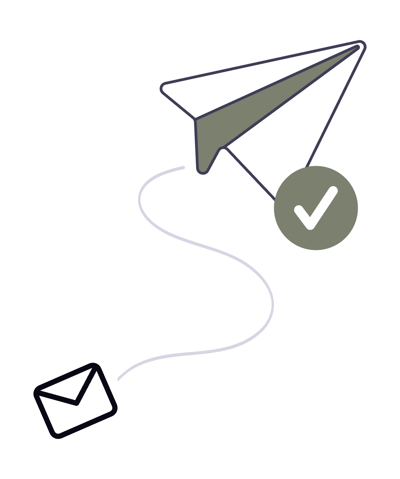 Paper airplane icon with a checkmark, connected to an envelope by a curved line.