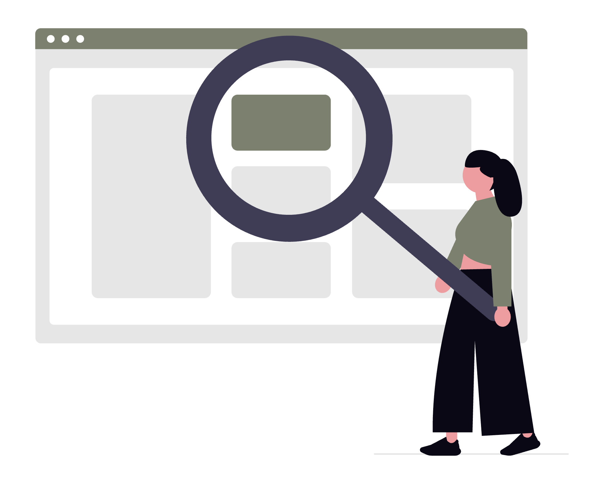 Woman using a magnifying glass to inspect a webpage on a screen