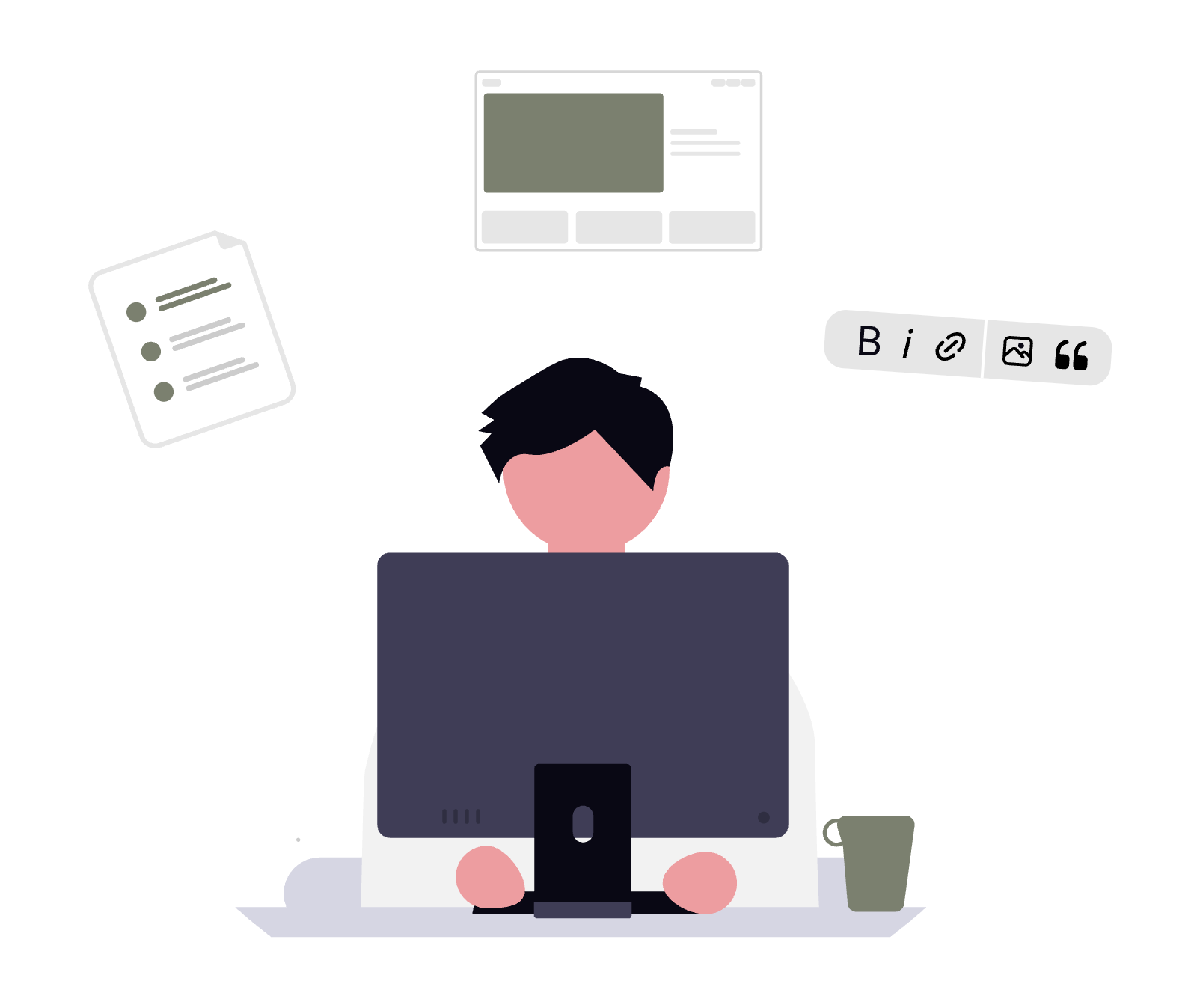 Person working at a desktop computer with floating app icons and a coffee mug nearby