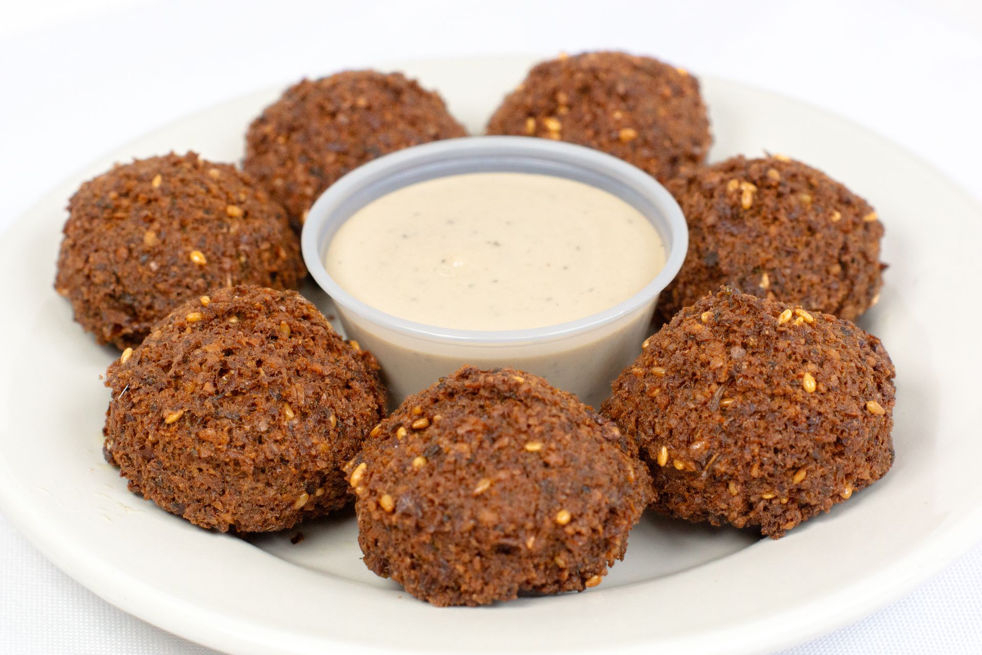 Falafel:Fried spiced , seasame seed ground chickpeas with onions garlic parsley cilantro فلافل