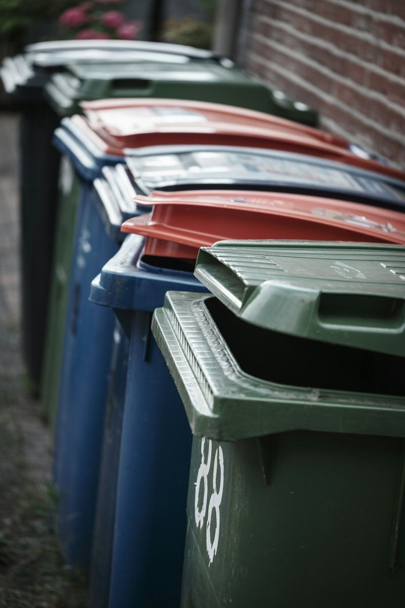 A row of commercial bins against a brick wall