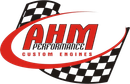 A red and white logo for ahm performance custom engines